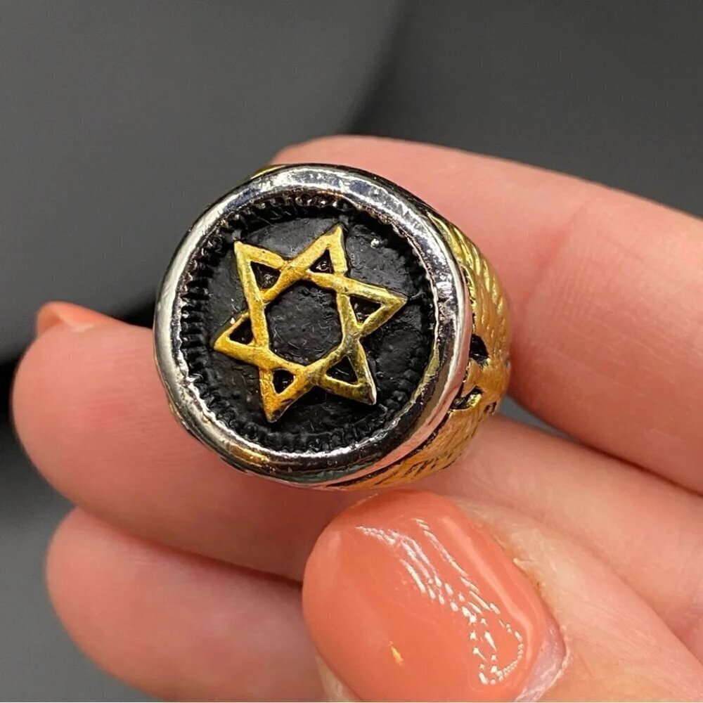 Gold Plated Stainless Steel 6 Point Star Ring with Eagle Design Size 8